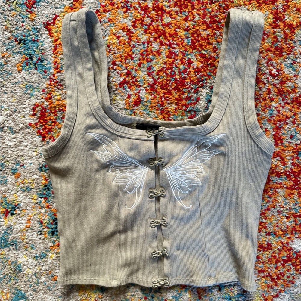 Light Sage Butterfly Cropped Tank Top with hooks detail